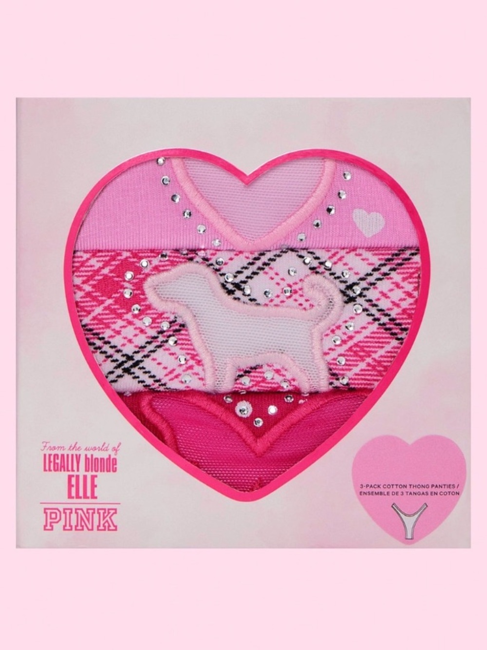 🎀VS Pink x Elle | Legally Blonde 3-pk BLING cotton thong panties sz M NWT